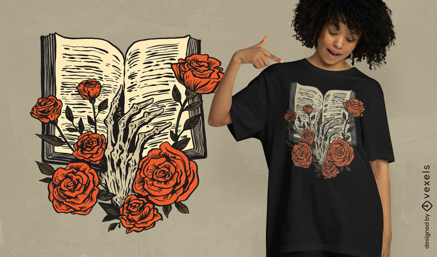 Diseño de camiseta de libro abierto con rosas.