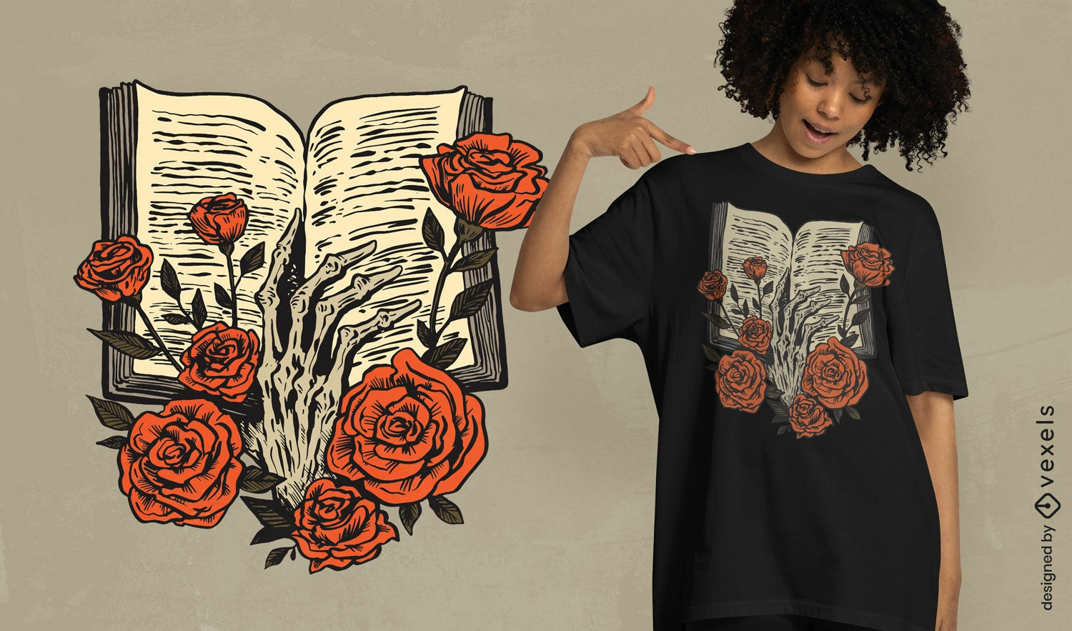 Livro aberto com design de camiseta de rosas