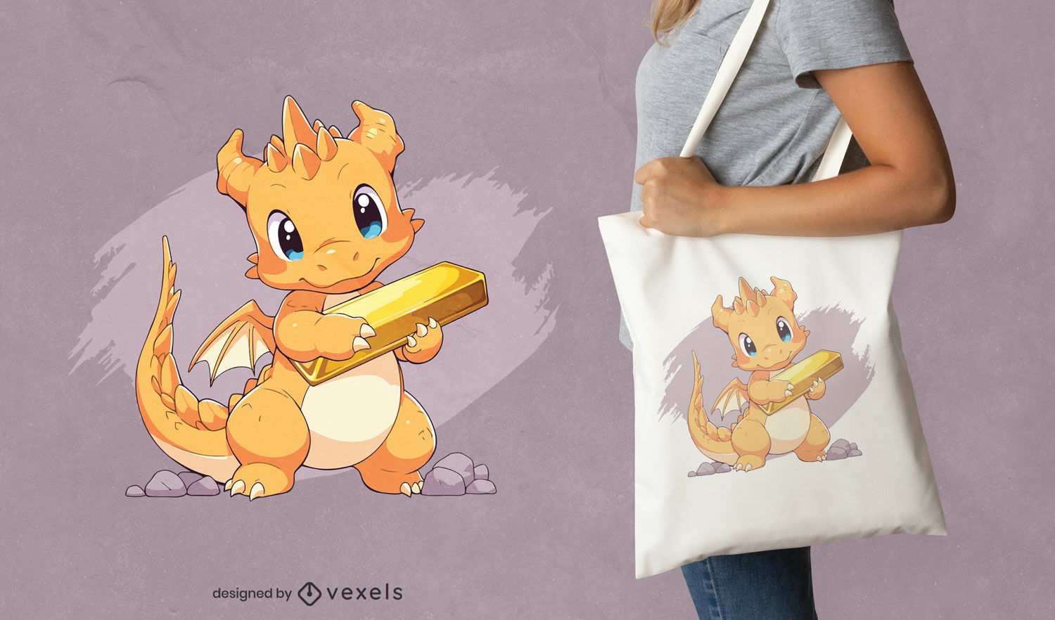 Cute dragon with gold tote bag design