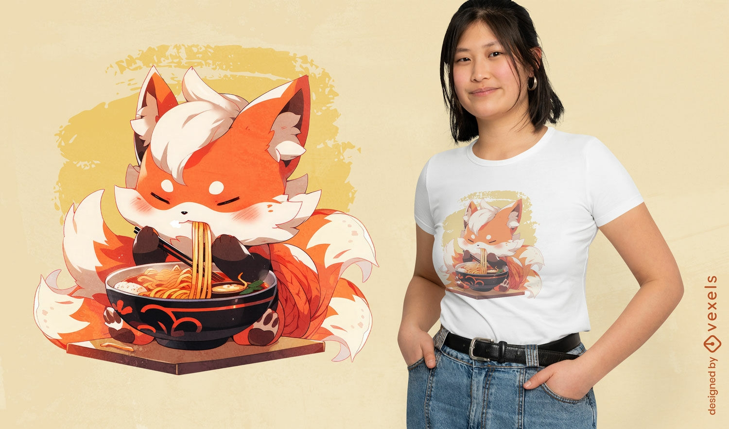 Fox comiendo taz?n de dise?o de camiseta de ramen