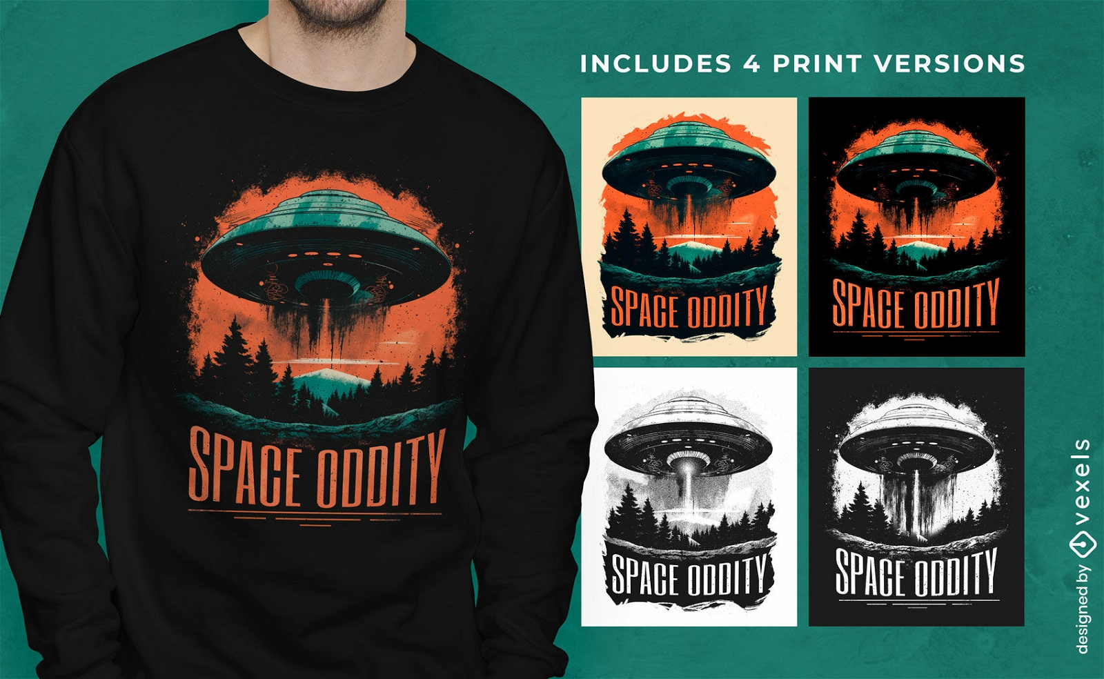 Alien-Raumschiff-T-Shirt-Design mehrfarbig