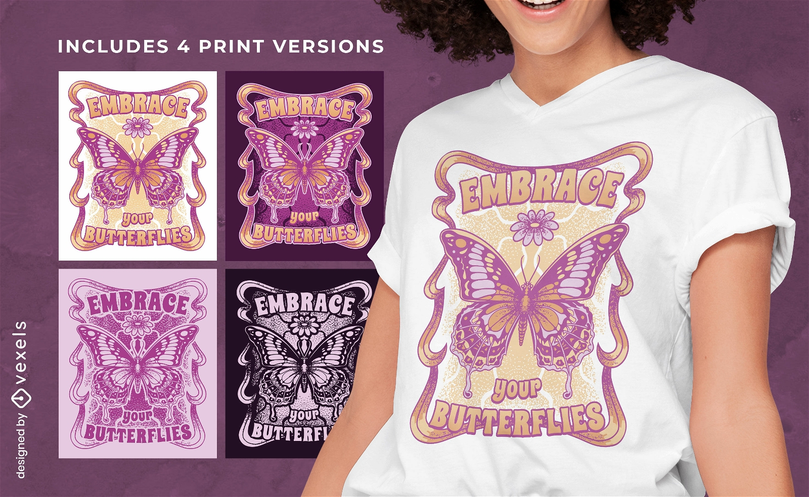 Mehrere T-Shirt-Designs mit Retro-Schmetterlingen