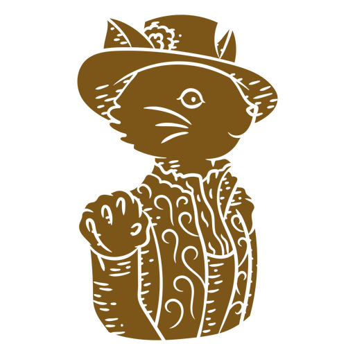 Dibujo marrón de un gato con sombrero. Diseño PNG