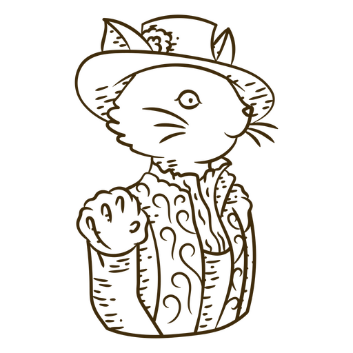 Black and white drawing of a cat in a hat PNG Design