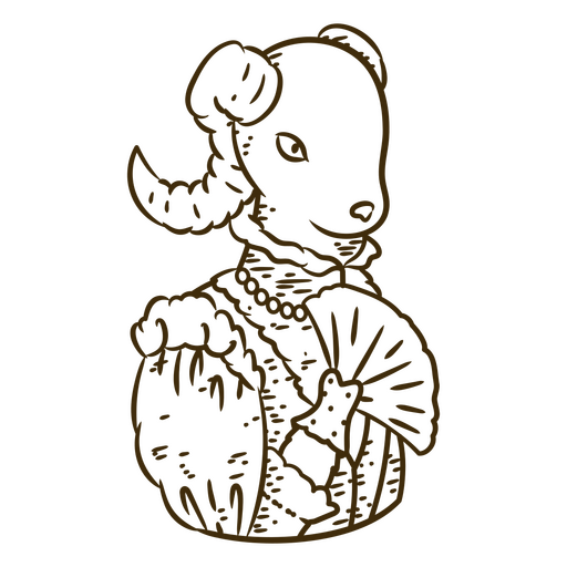Dibujo marrón de una cabra sosteniendo un abanico. Diseño PNG