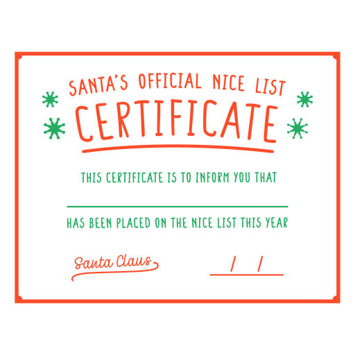 Certificado oficial de lista agradable de Papá Noel. Diseño PNG
