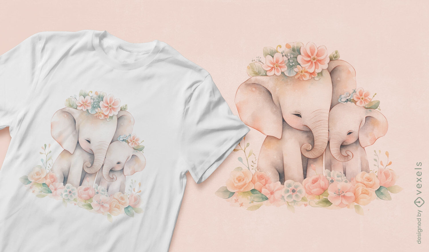 Diseño de camiseta de elefantes bebés con flores.
