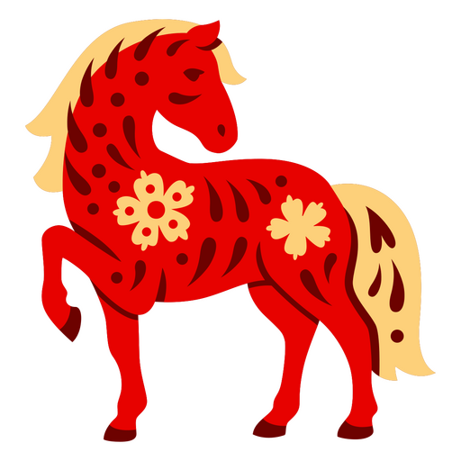Ilustração estilizada de um cavalo vermelho com padrões florais. Desenho PNG