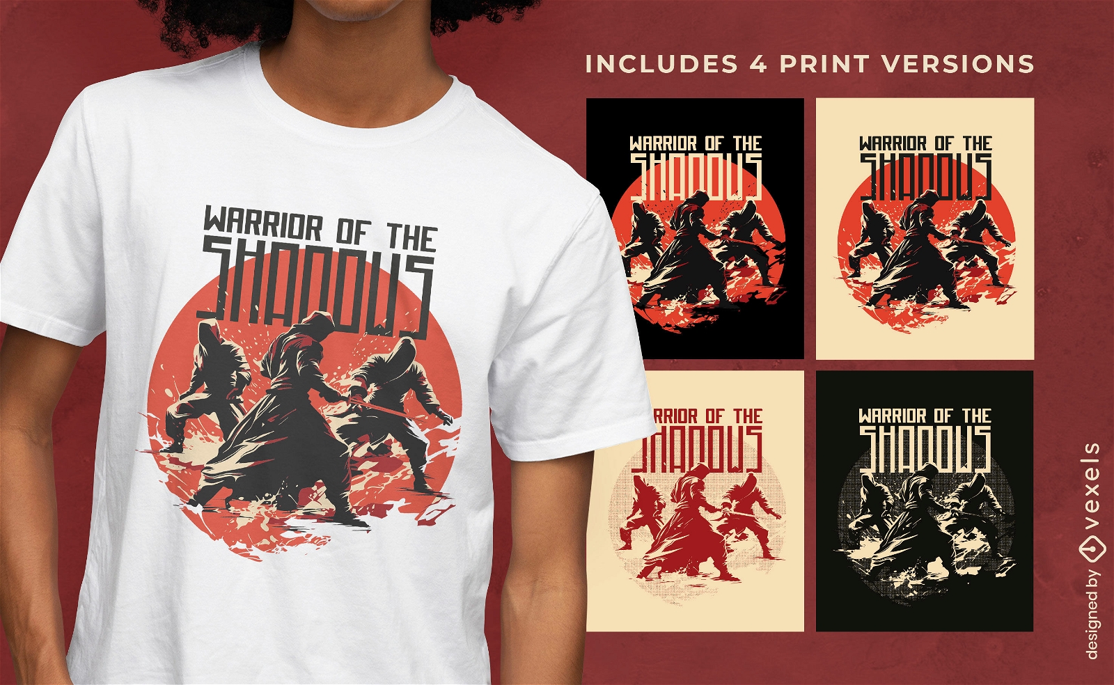 Diseño de camisetas ninjas y samuráis múltiples versiones