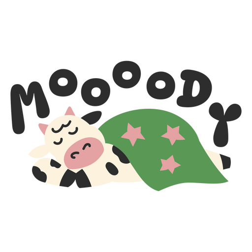 Ilustración de una vaca juguetona durmiendo con un subtítulo melancólico Diseño PNG