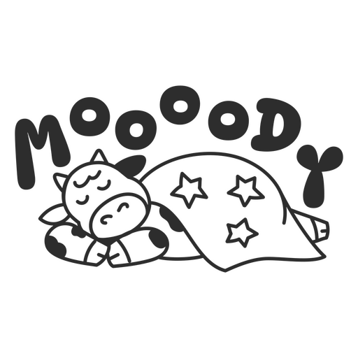 Design lúdico de vaca dormindo com texto temperamental Desenho PNG