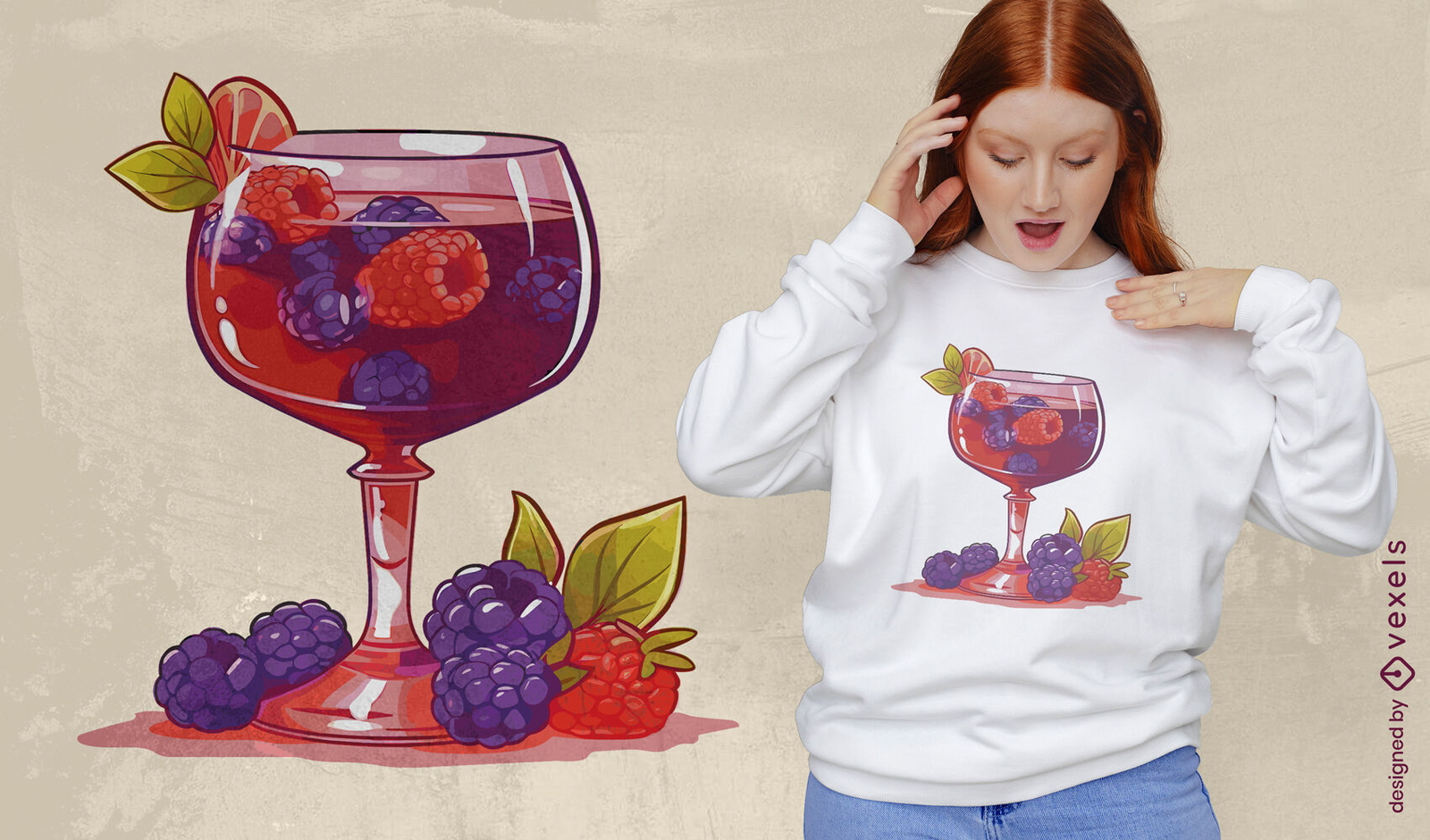 Design de camiseta com taça de vinho e frutas vermelhas