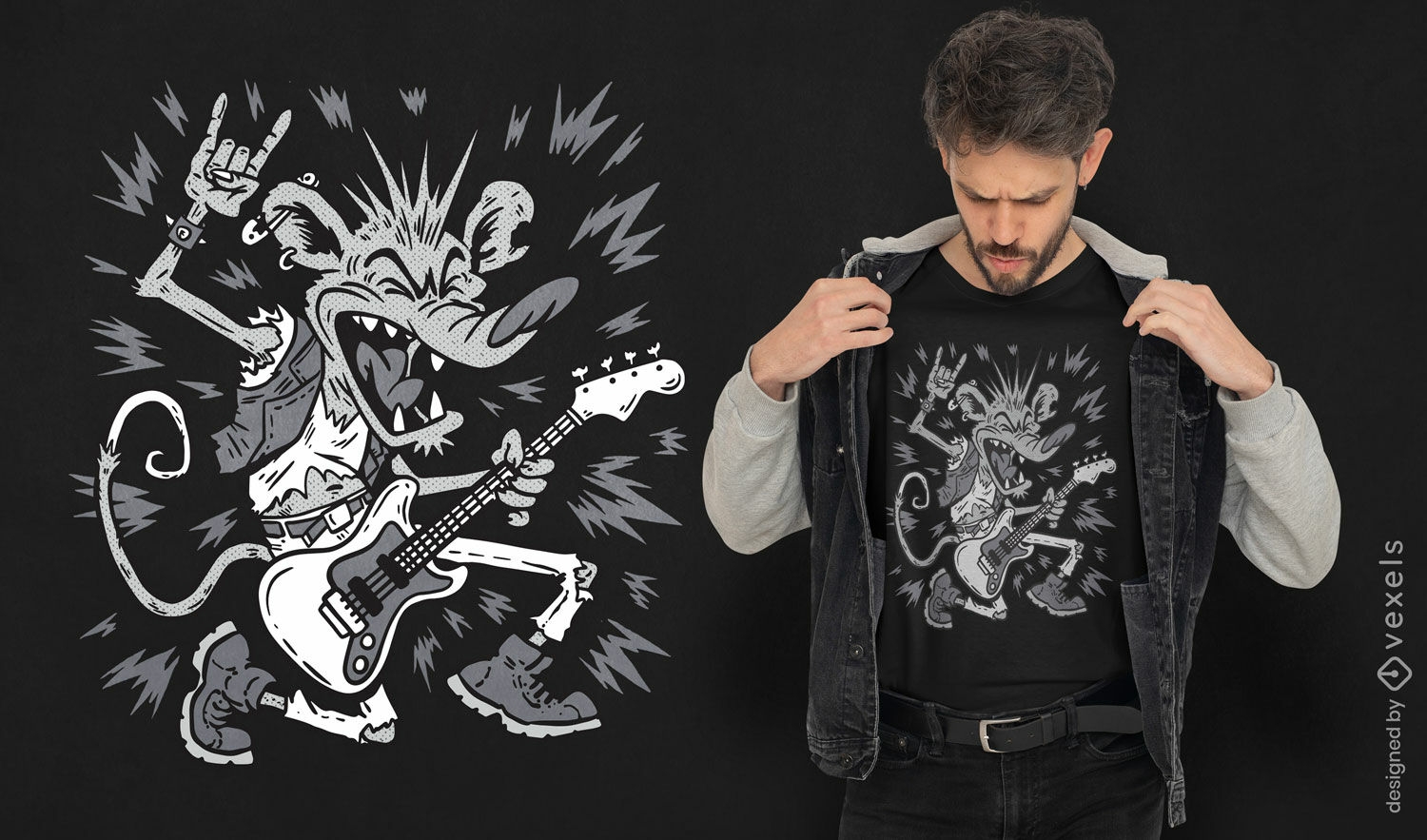 Diseño de camiseta de rata con guitarra.