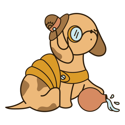 Playful cartoon dog design with hat and pot PNG Design