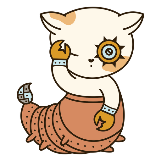 Personaje de gato juguetón con elementos steampunk. Diseño PNG