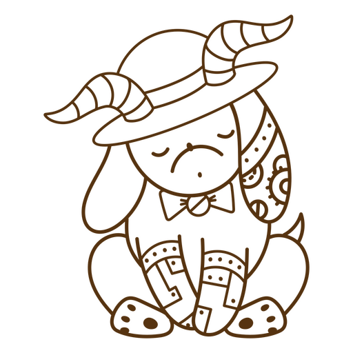 Ilustración caprichosa de un personaje de cabra triste con elementos steampunk Diseño PNG