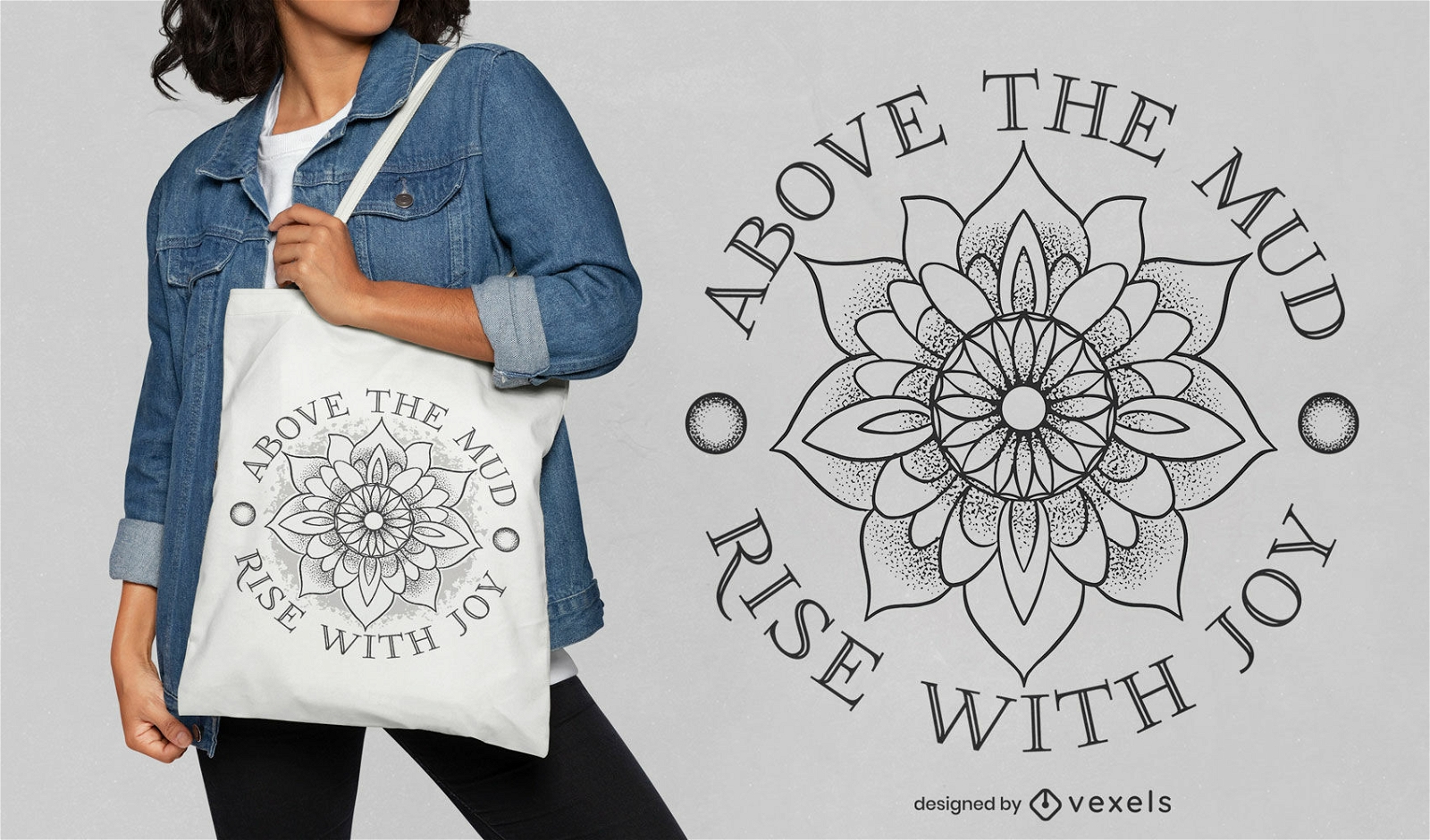 Rise with joy lotus mandala tote bag design