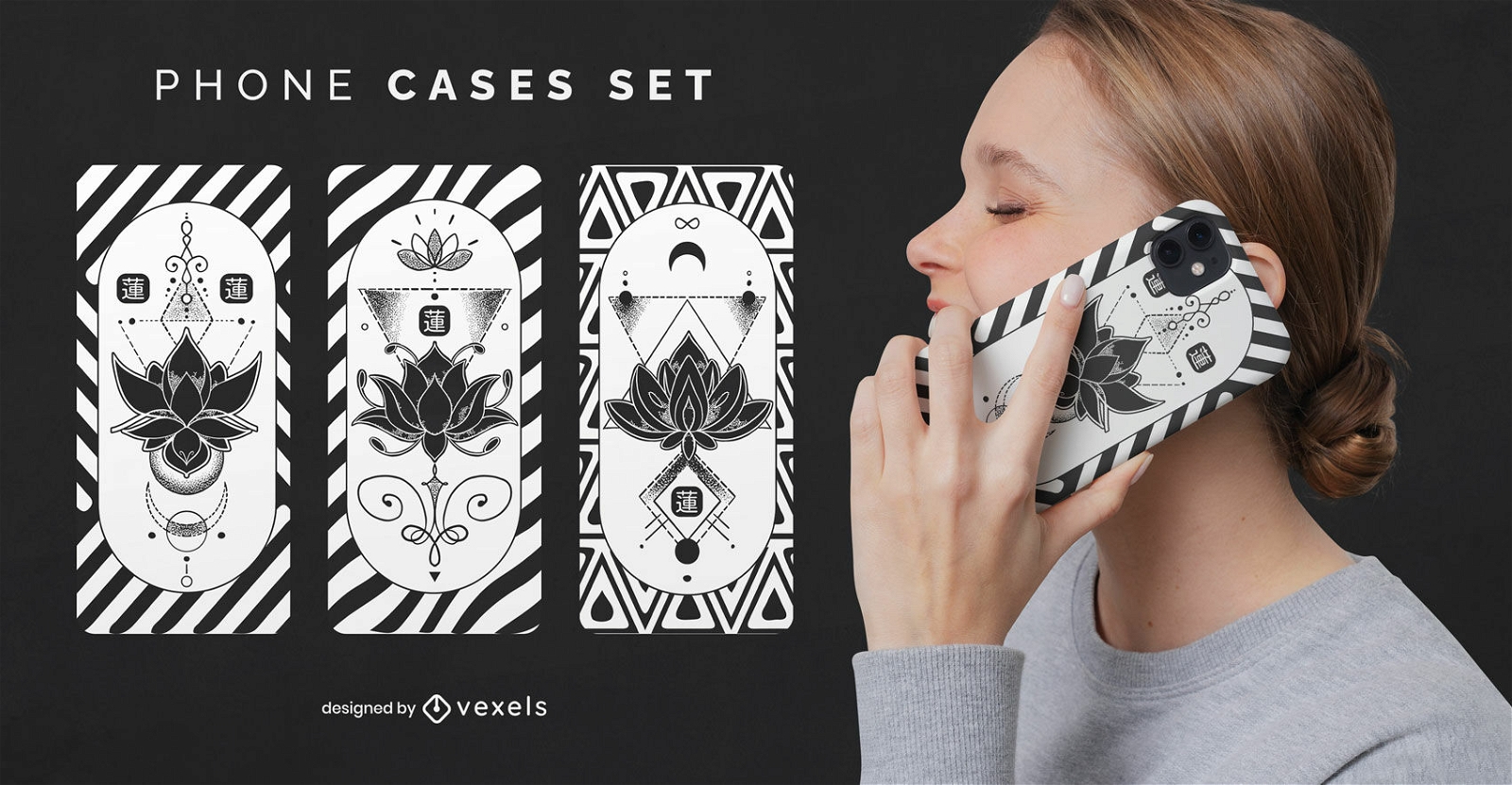 Black and white lotus phone case set