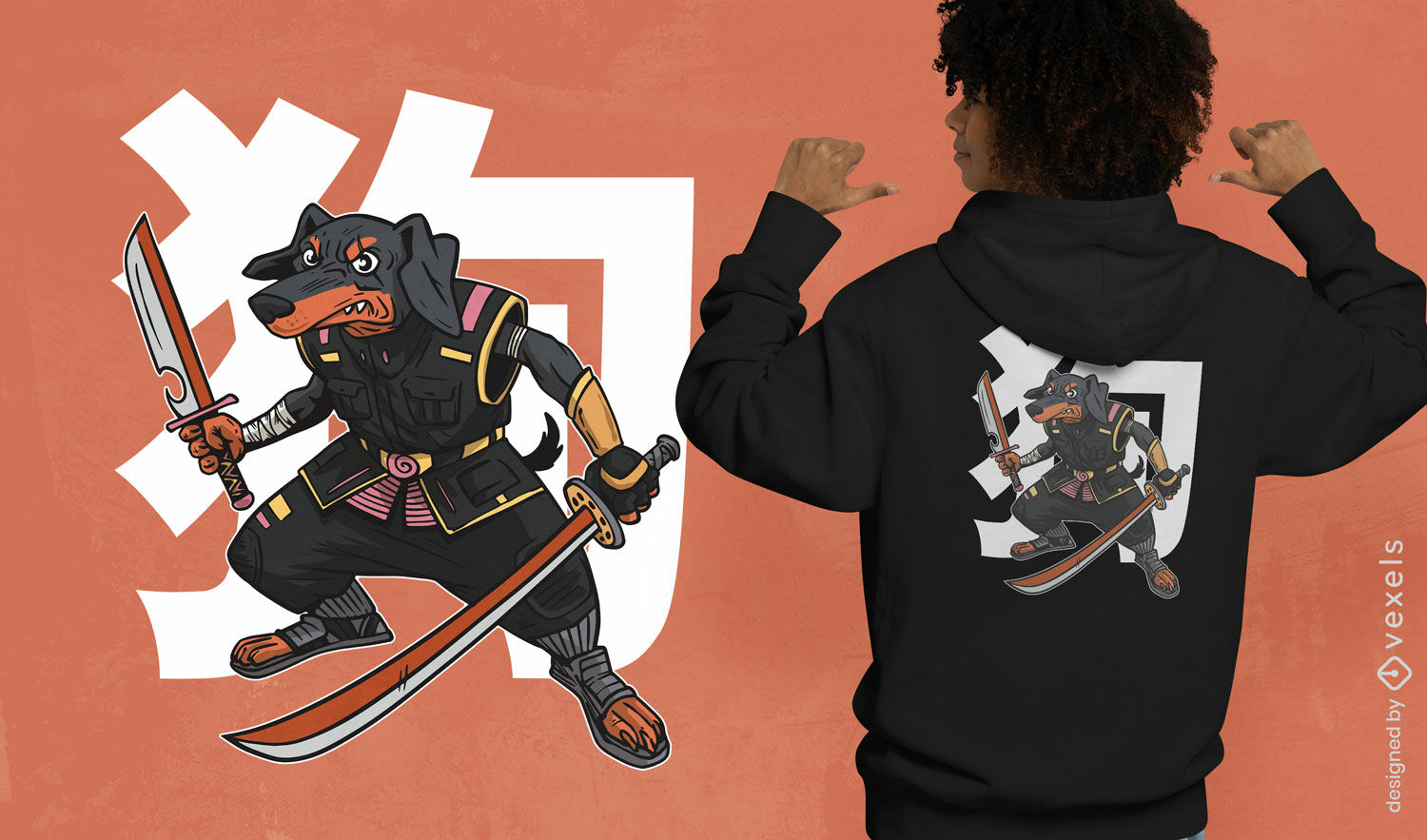 Diseño de camiseta samurai dachshund japonés