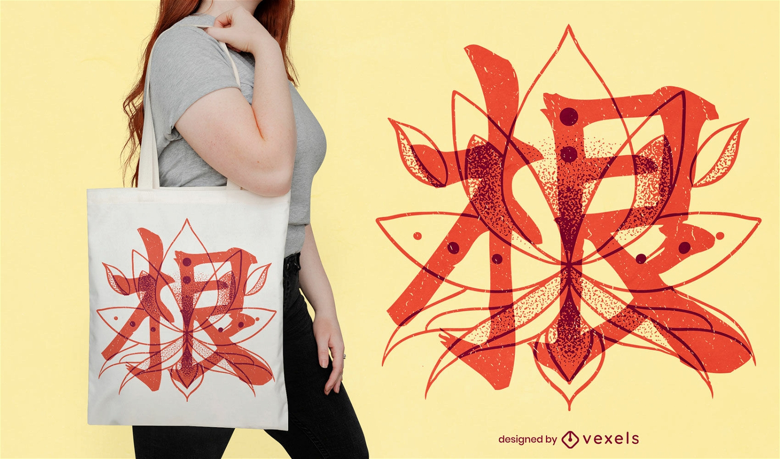 Diseño de bolso de mano de loto con kanjis japoneses