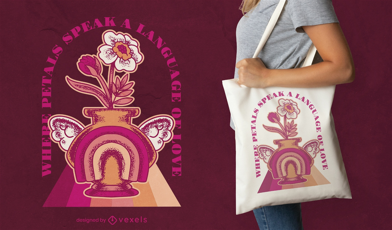 Design de sacola com citação de vaso de flor