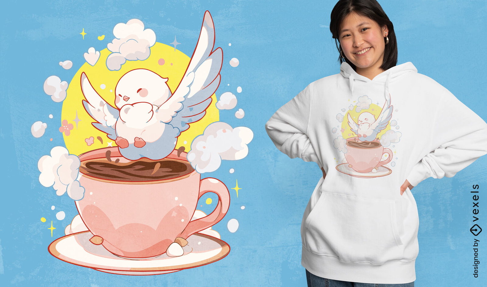 Diseño de camiseta paloma en taza de café.