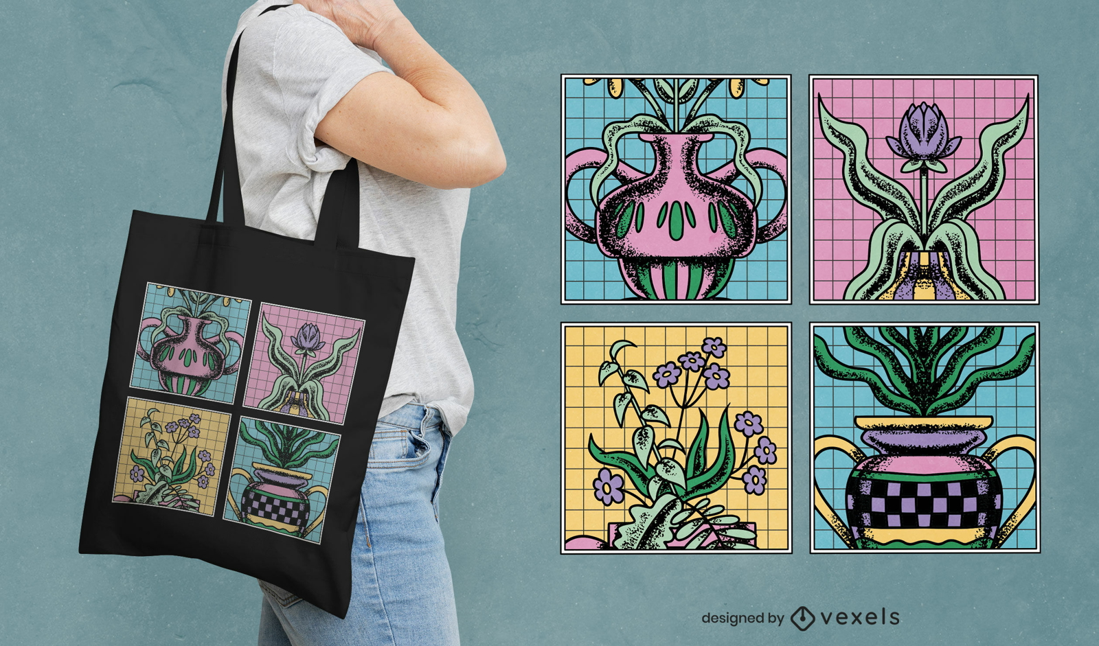 Four flower vase tote bag design