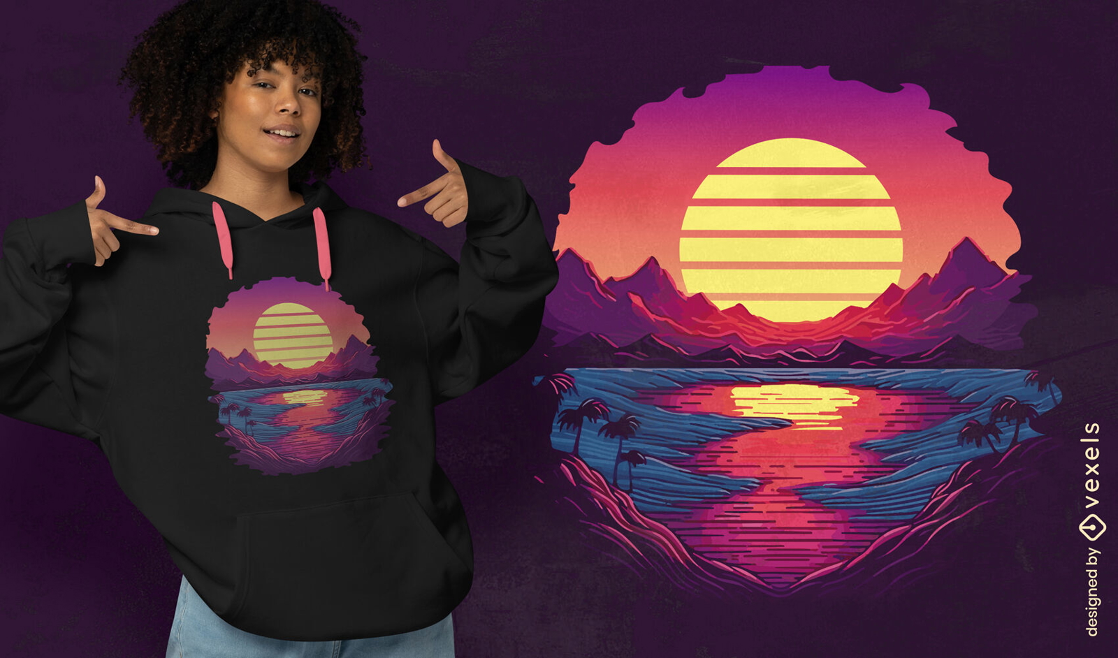 Design retrô de camiseta com paisagem do pôr do sol