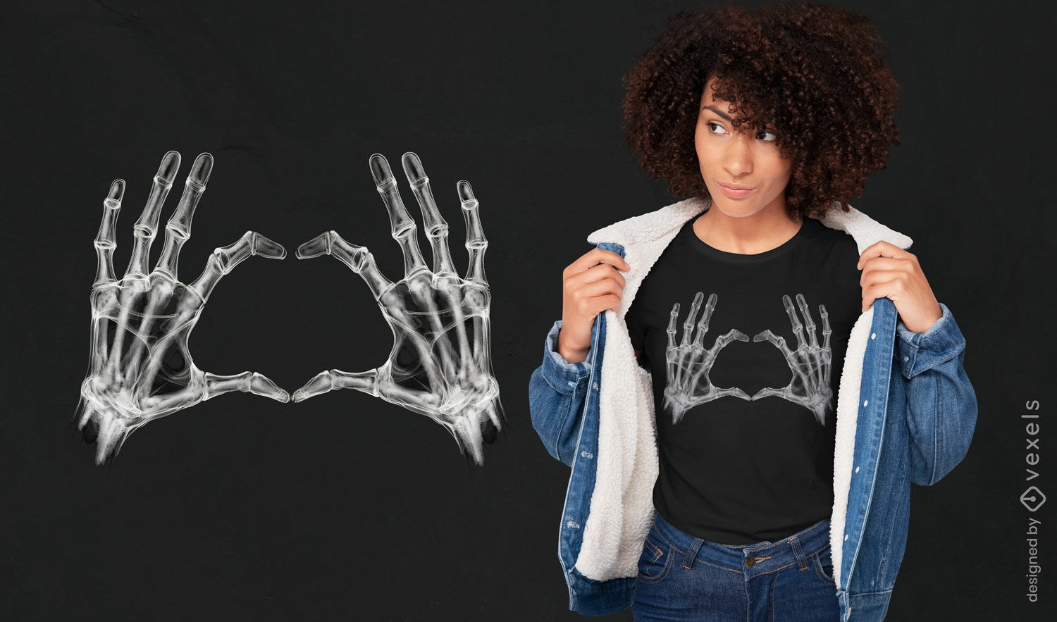 design de camiseta de mãos de coração de raio X