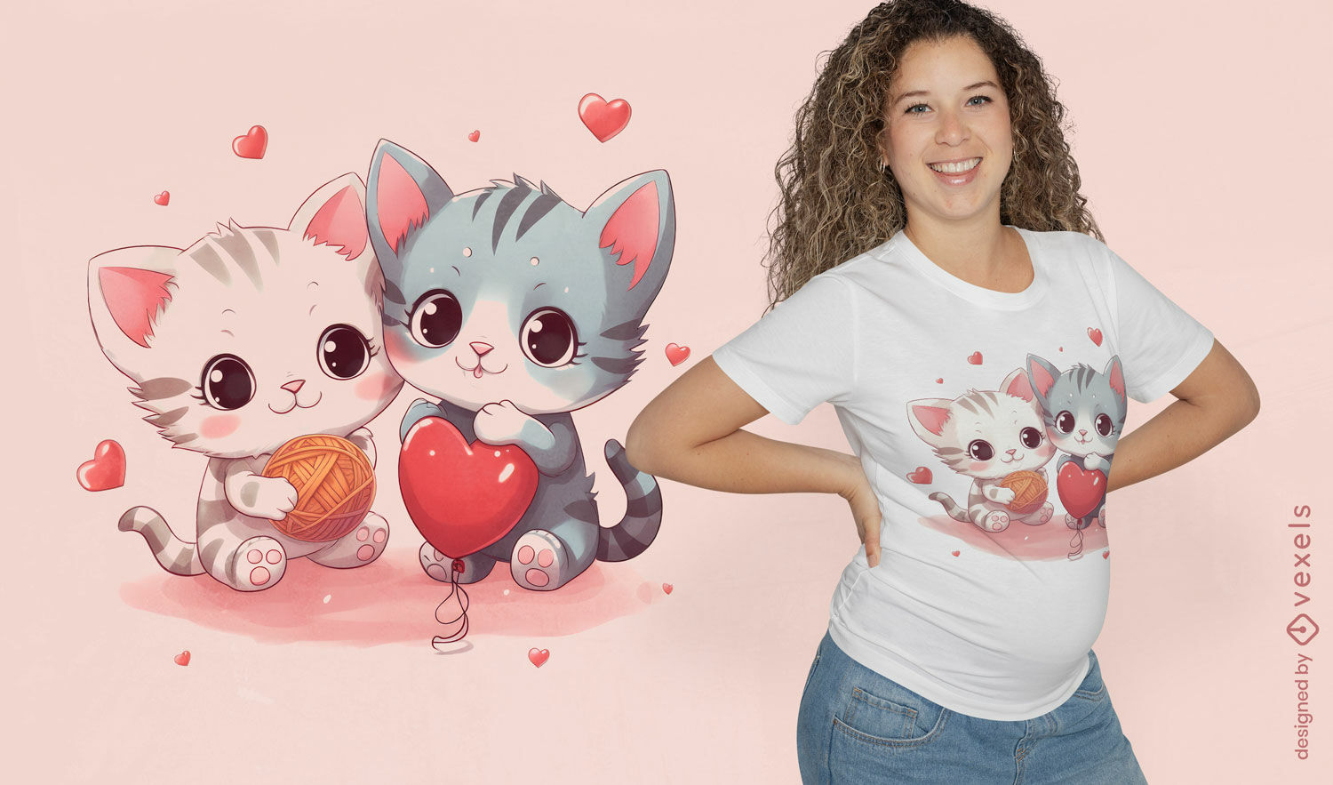 Diseño de camiseta de corazones lindos gatitos