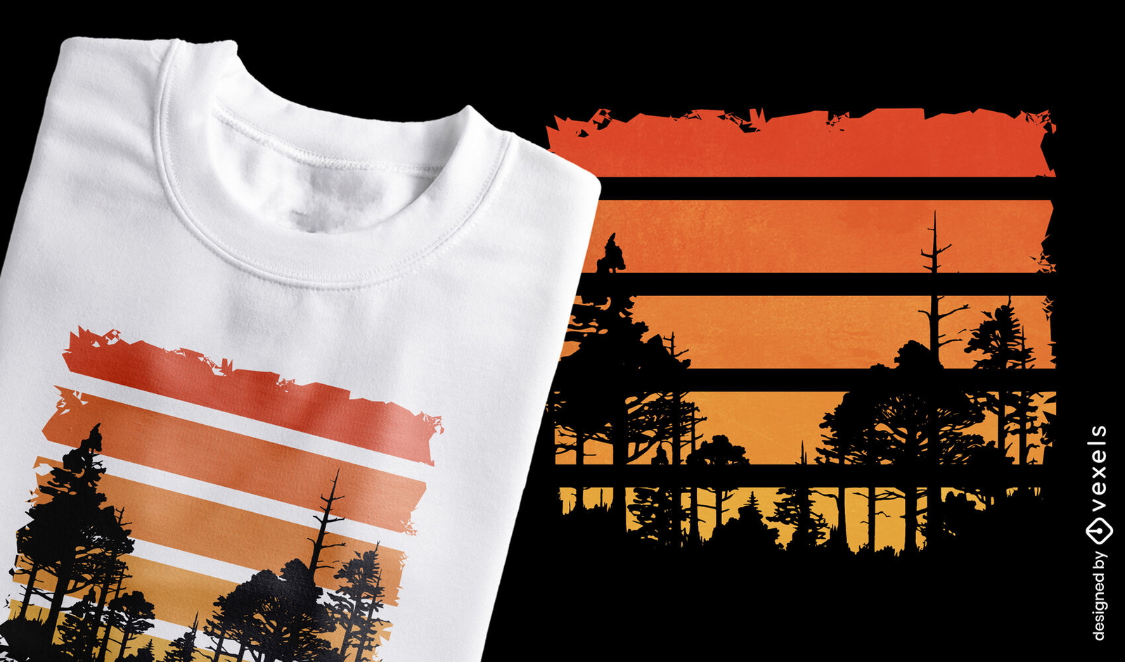 Diseño retro de camiseta de bosque al atardecer.