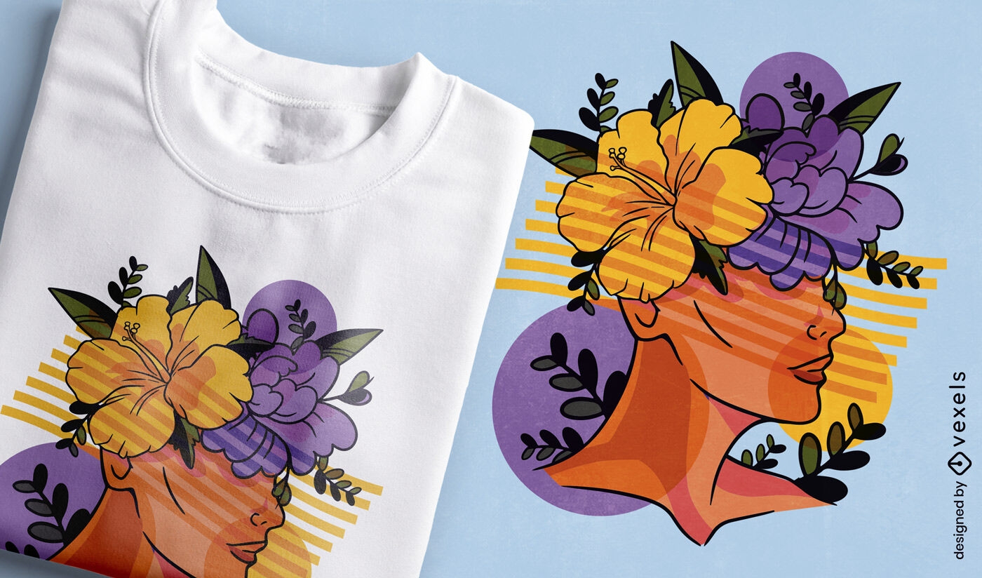 Diseño de camiseta de mujer con flores en la cabeza.