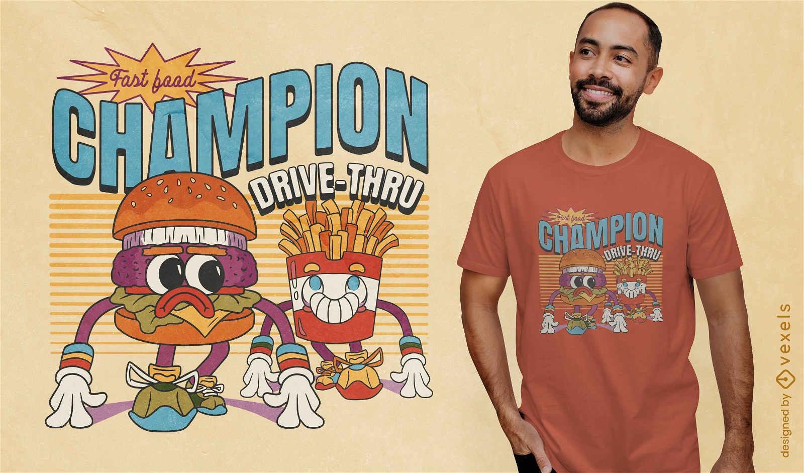 Cartoon-T-Shirt-Design mit Burger und Pommes
