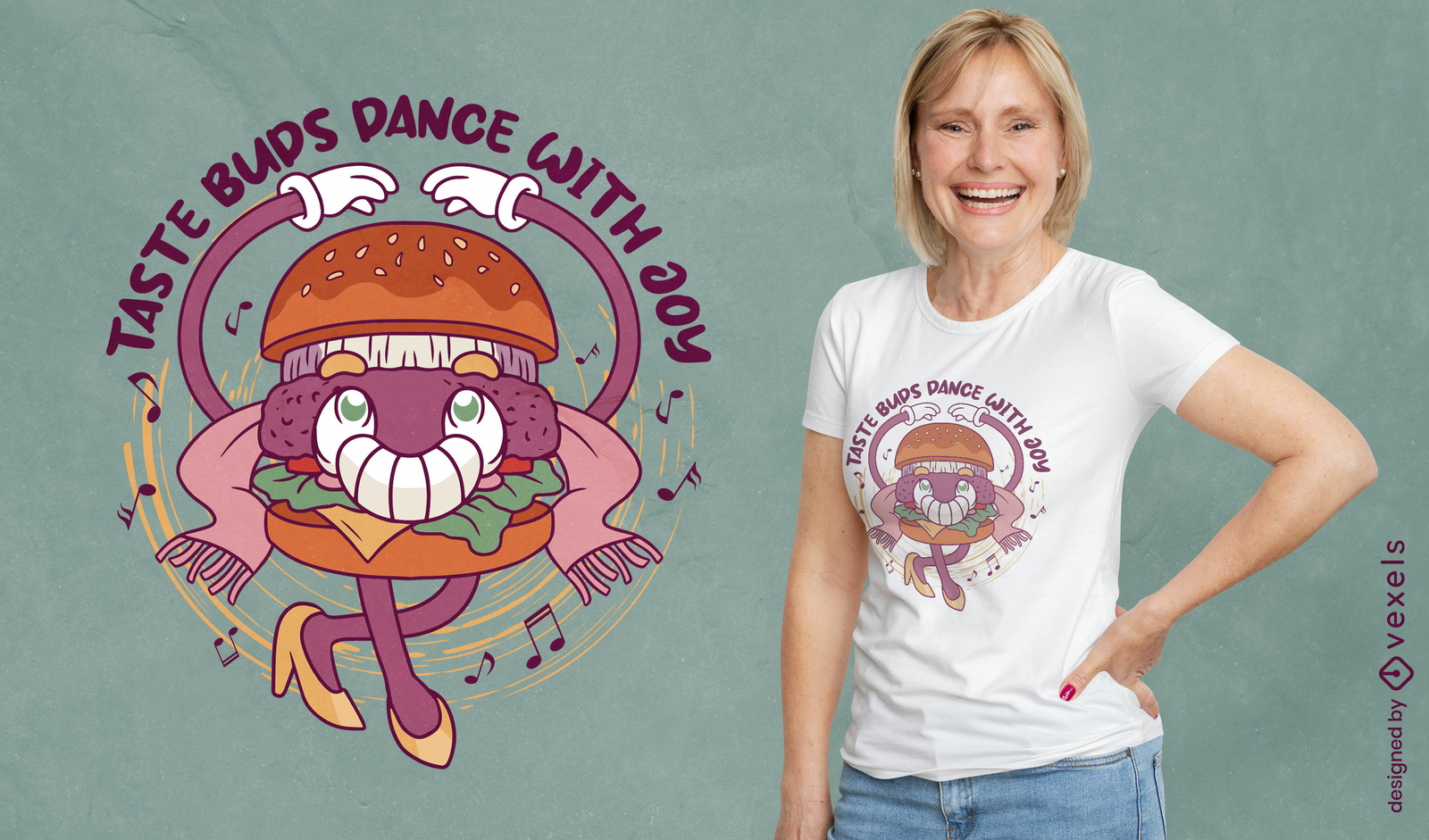 Diseño de camiseta de comida de hamburguesa bailando.