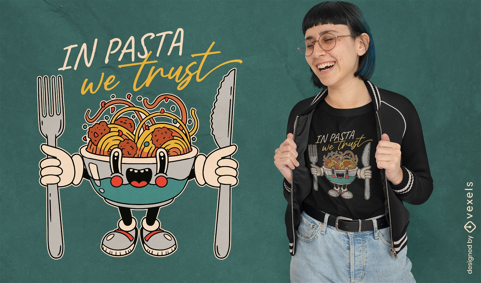 Design de camiseta de comida de espaguete de desenho animado