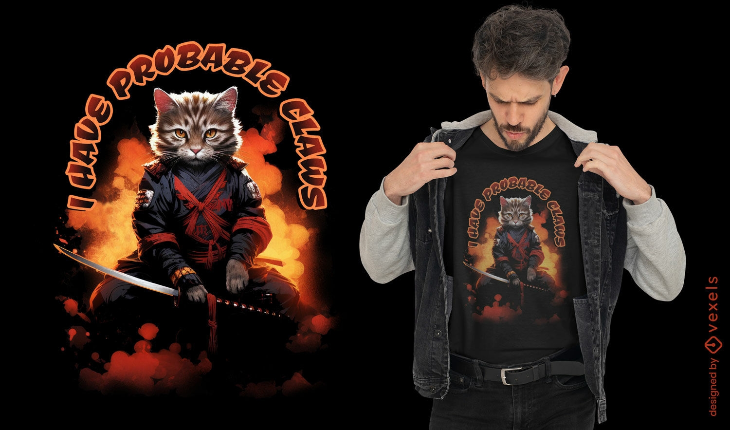 Diseño de camiseta Samurai cat fire