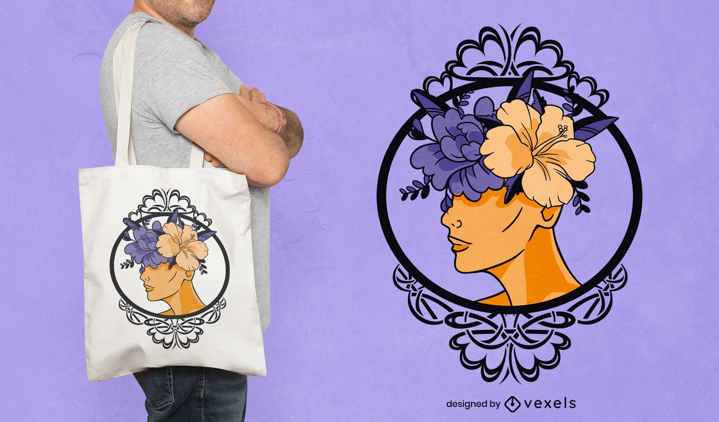 Cabeça de mulher com flores em design de sacola