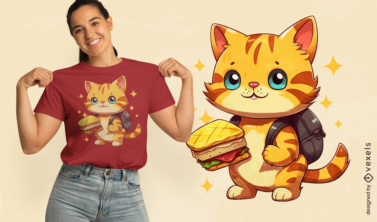 Diseño de camiseta de gato con sándwich y mochila.