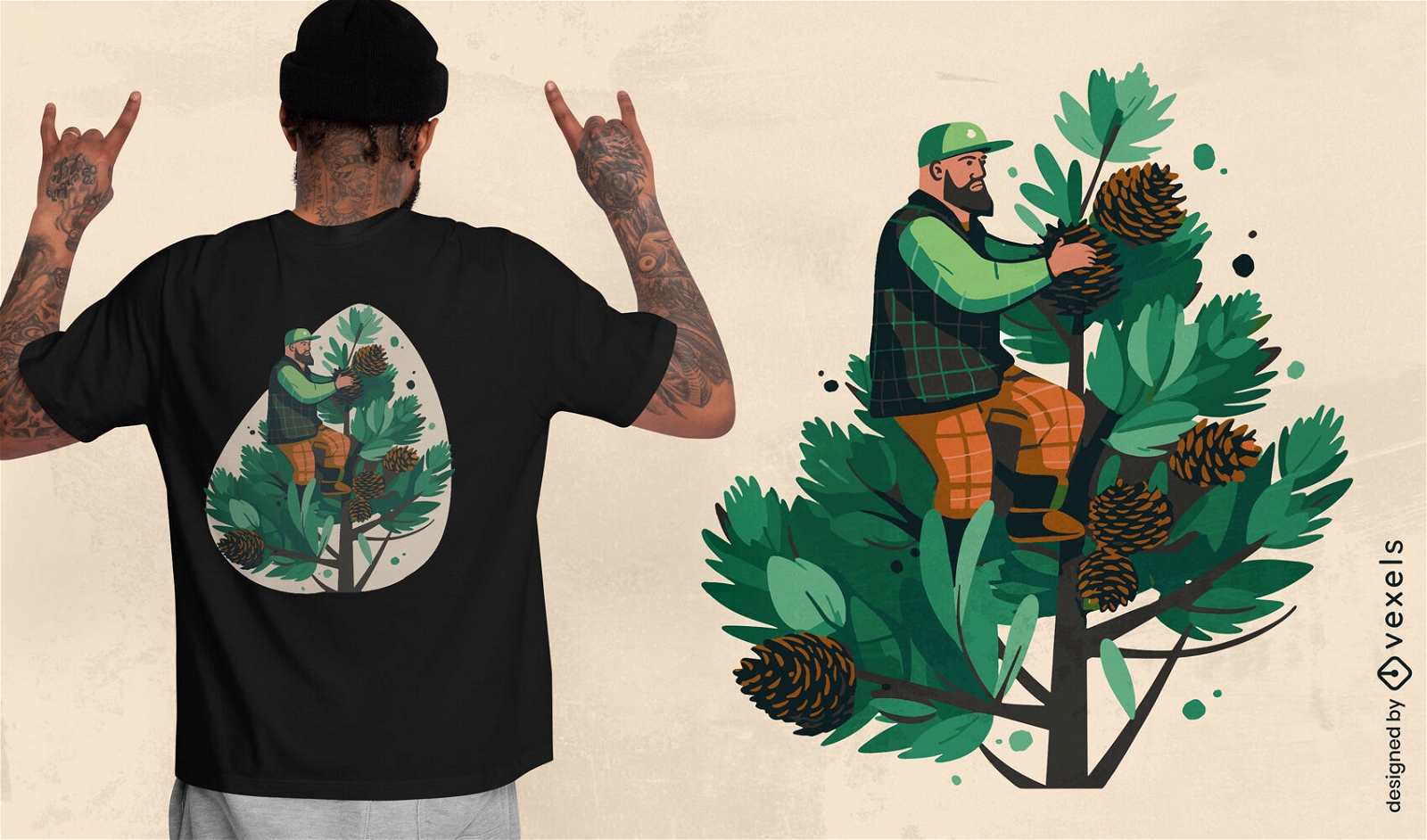 Design de camiseta de homem colhendo pinhas