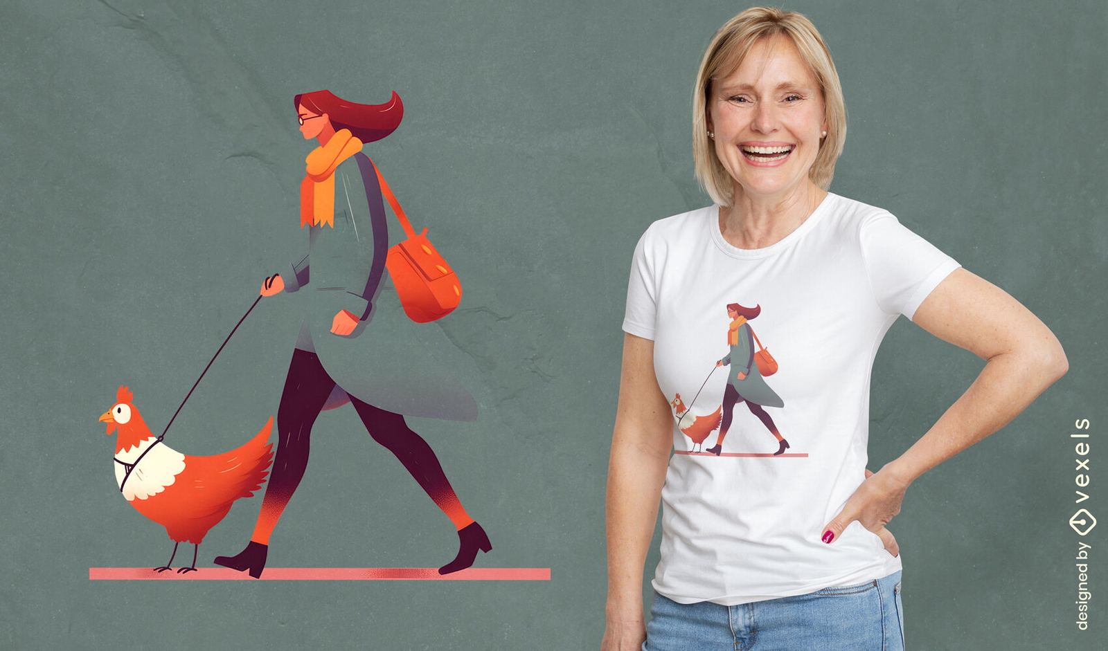 Frau geht mit Hühner-T-Shirt-Design