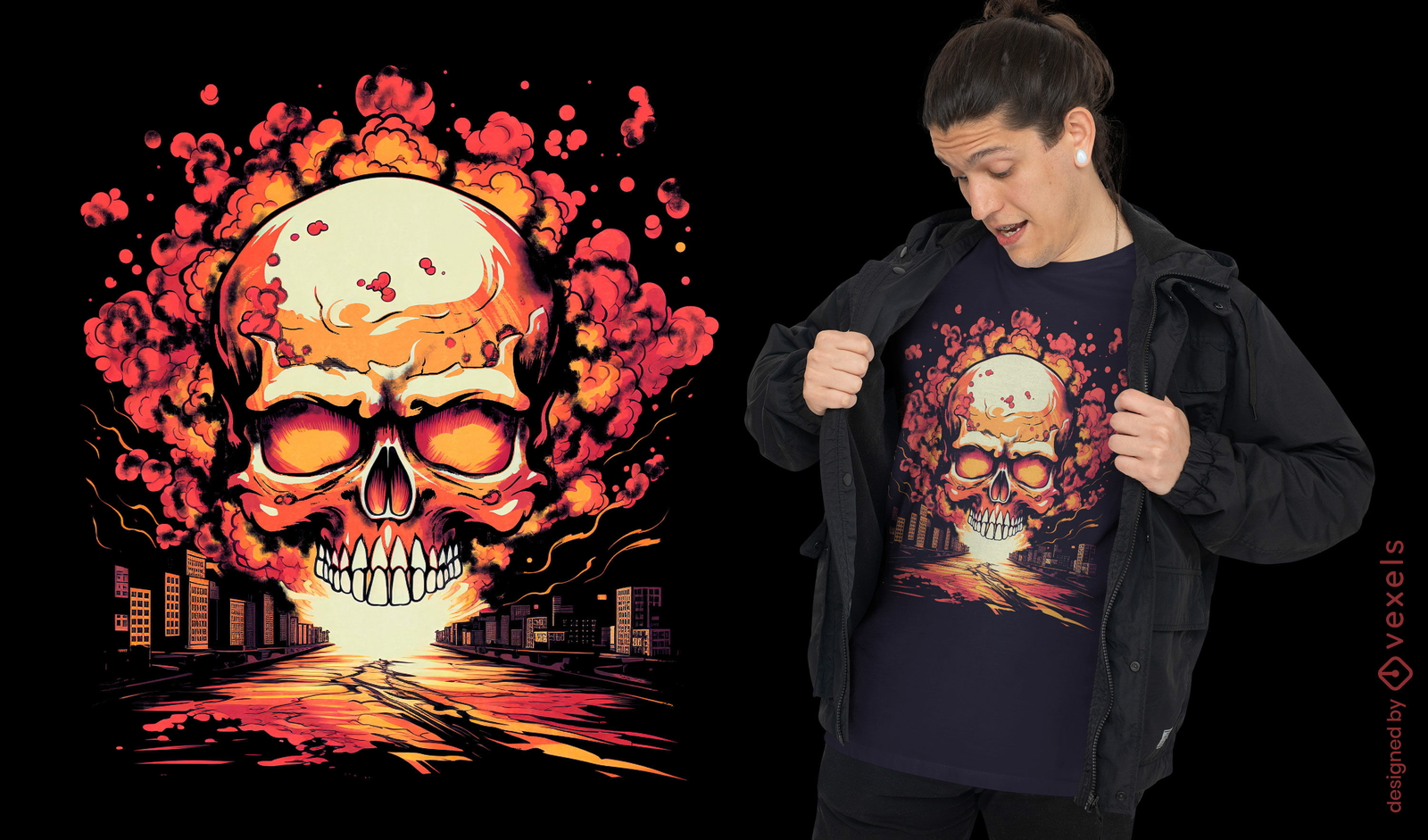 Diseño de camiseta de explosión de muerte de calavera.