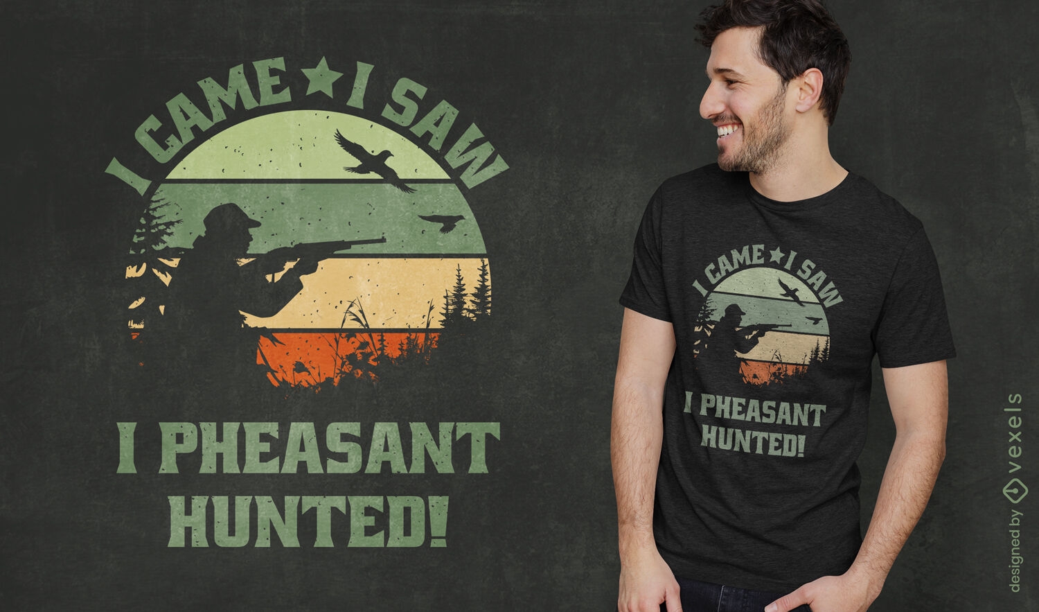 Diseño de camiseta retro atardecer con cita de cazador.