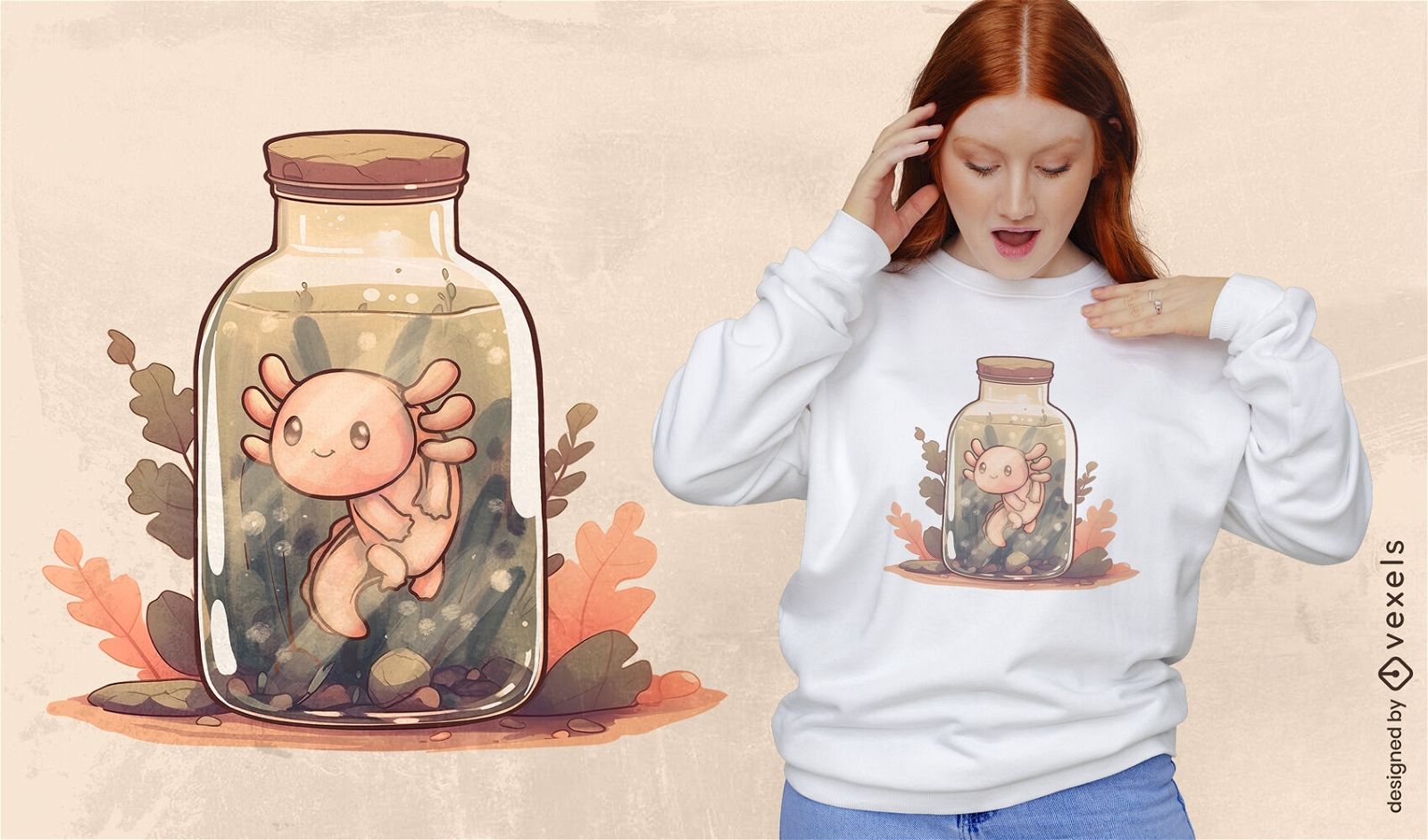 Design de camiseta com axolote bebê em jarra