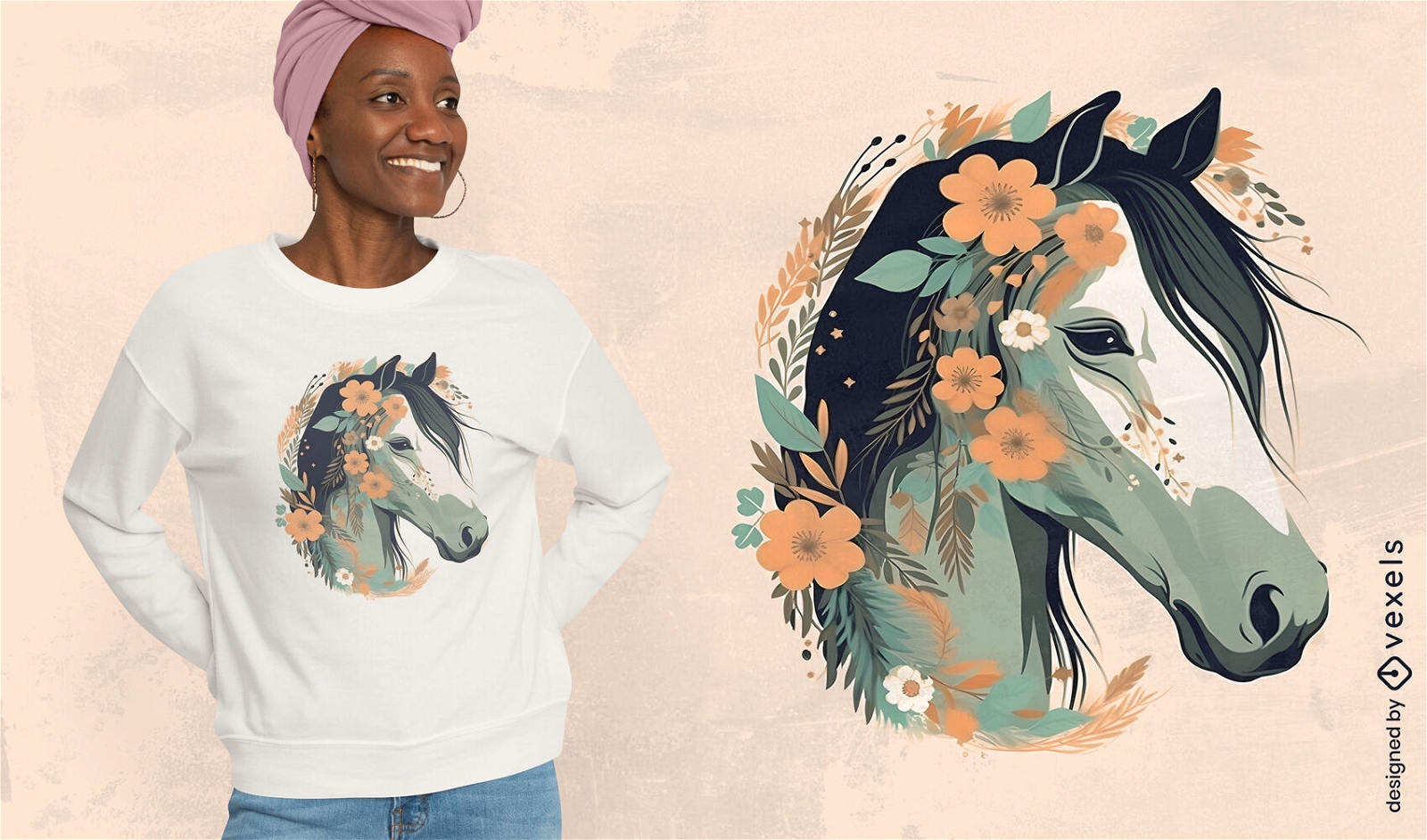 Diseño de camiseta de caballo con flores y hojas.