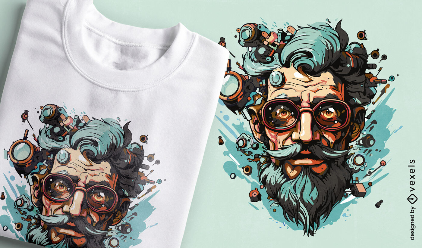 Diseño de camiseta con ilustración de retrato steampunk.