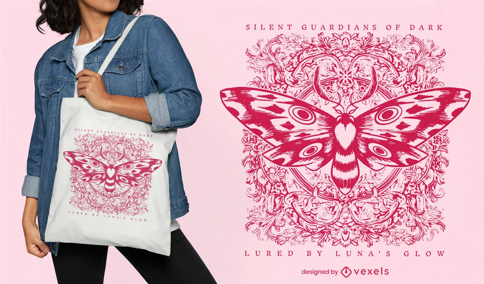 Pink moth insect flying tote bag design