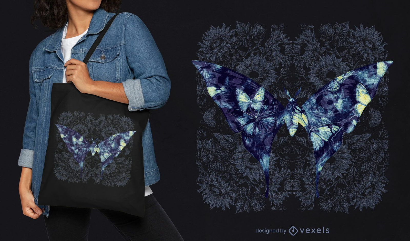 Diseño de bolso tote con mariposas y flores.