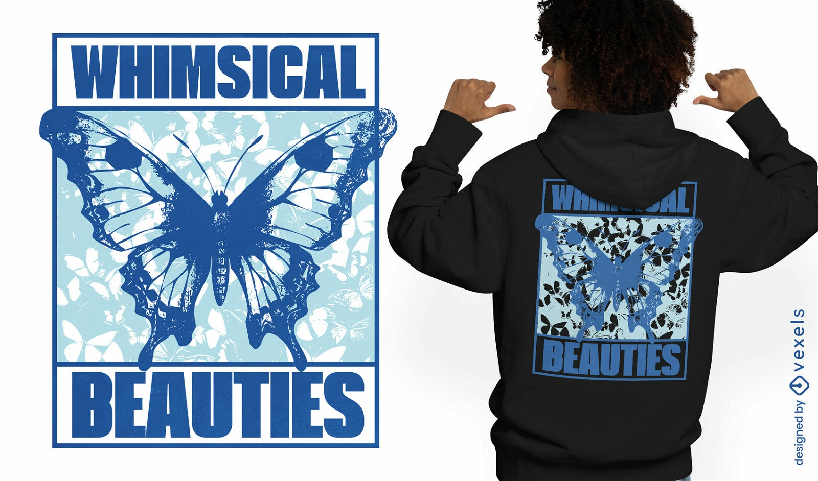 Diseño de camiseta monocromática mariposa azul.