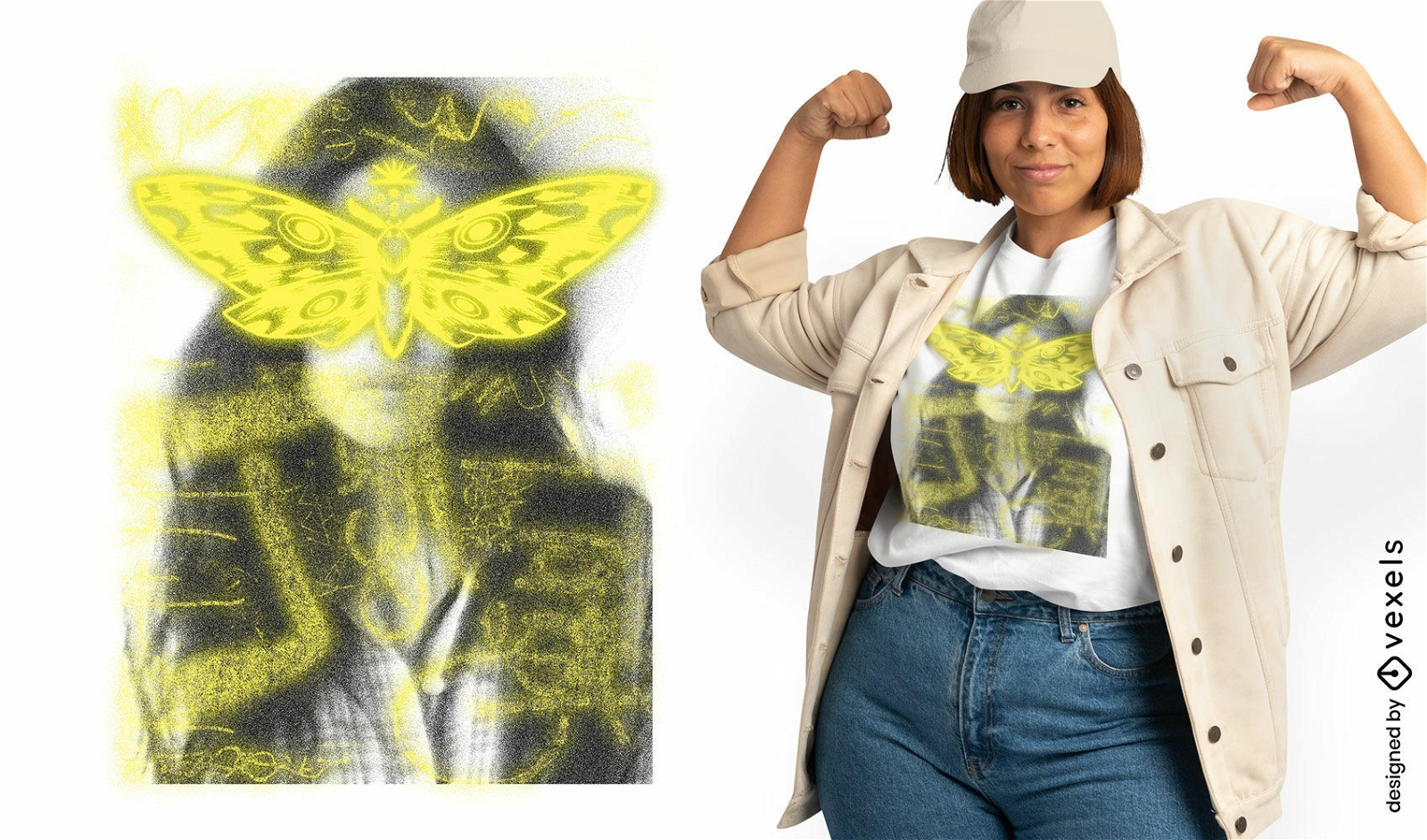Camiseta realista de mulher e mariposa psd