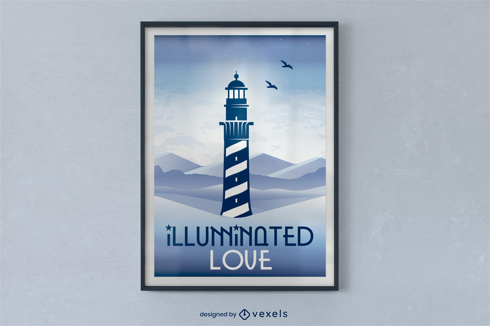 Blue lighthouse in ocean poster design